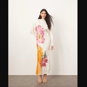 ASOS ARRANGE Embroidered Floral Maxi Dress 4 Long Sleeve Open Back Fringe White
